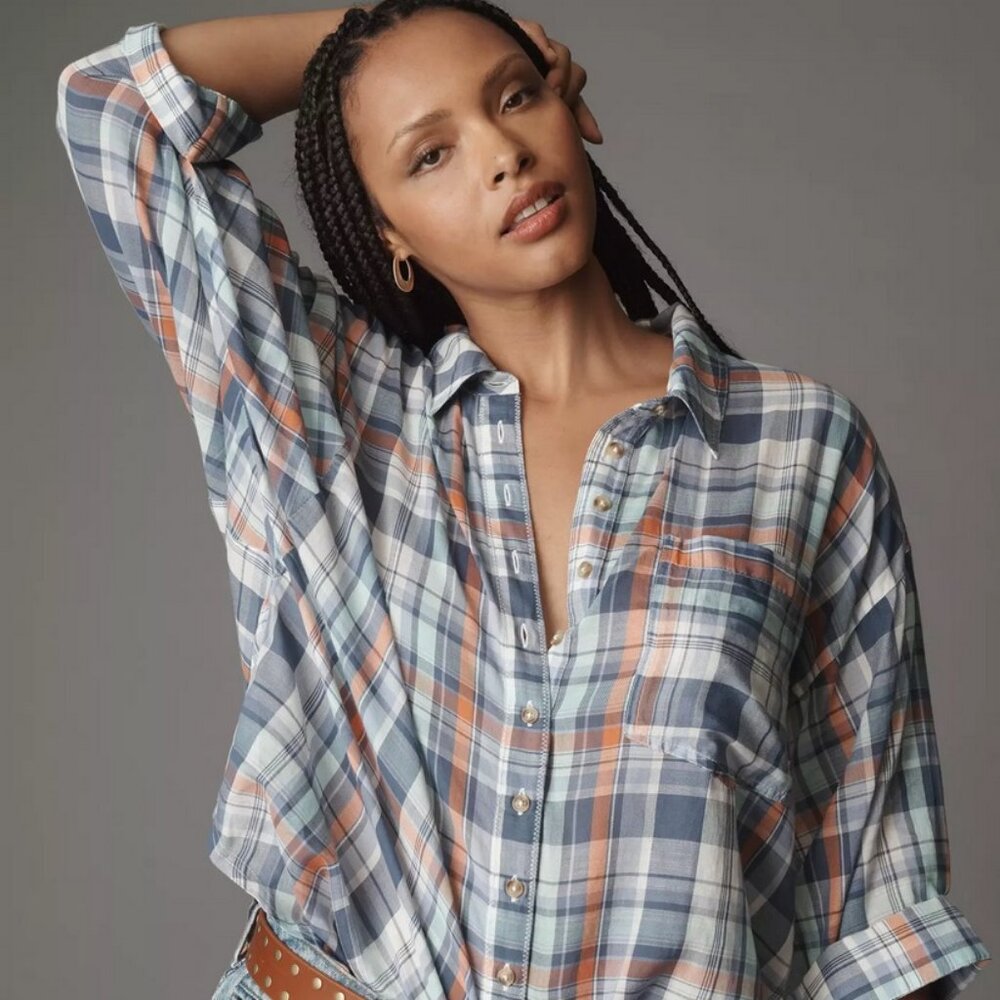 Anthropologie Long-Sleeve Oversized Buttondown Shirt Blue Plaid by Pilcro NWT XL
